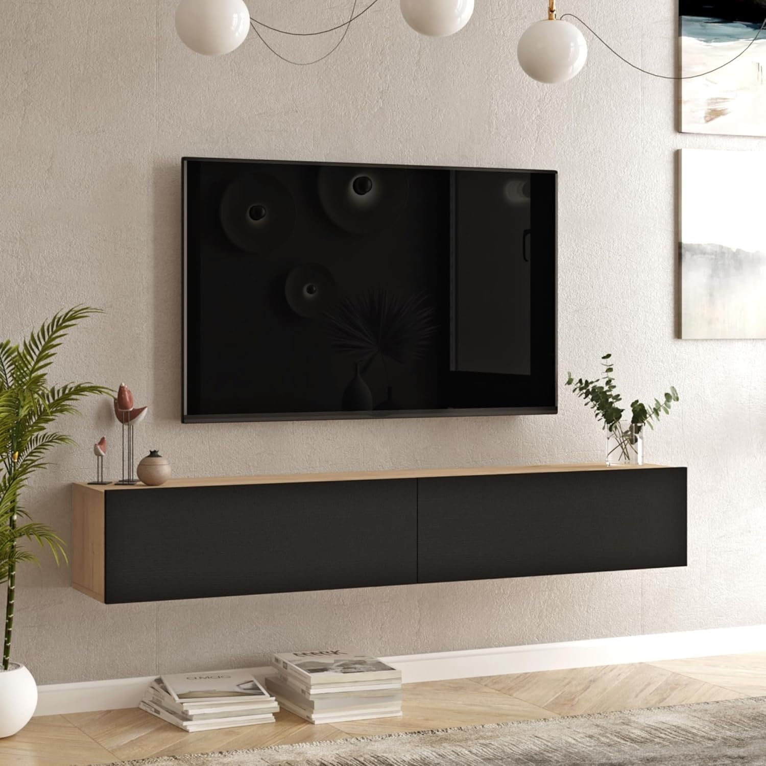 Meuble TV mural suspendu 180 cm avec compartiments de rangement, finition chene noir