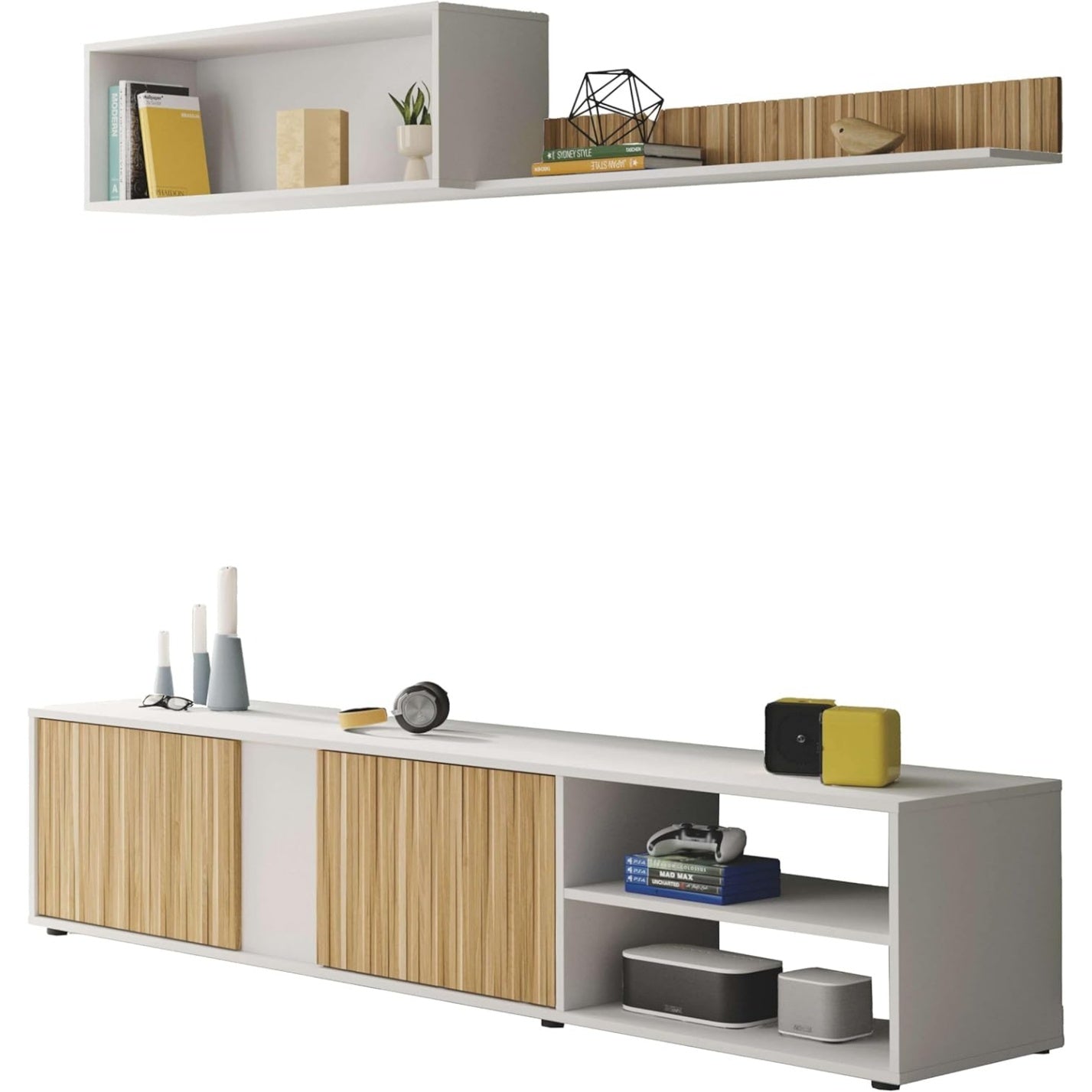 Meuble TV reversible 180 cm, finition blanc et bois naturel, banc TV moderne avec rangements pour salon