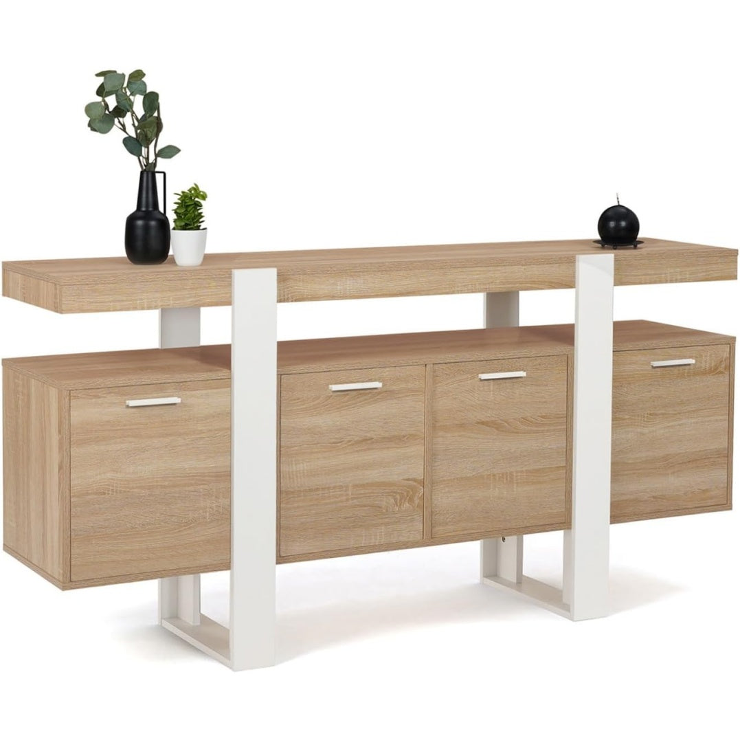 Buffet 160 cm avec 4 portes, meuble de rangement bois et blanc