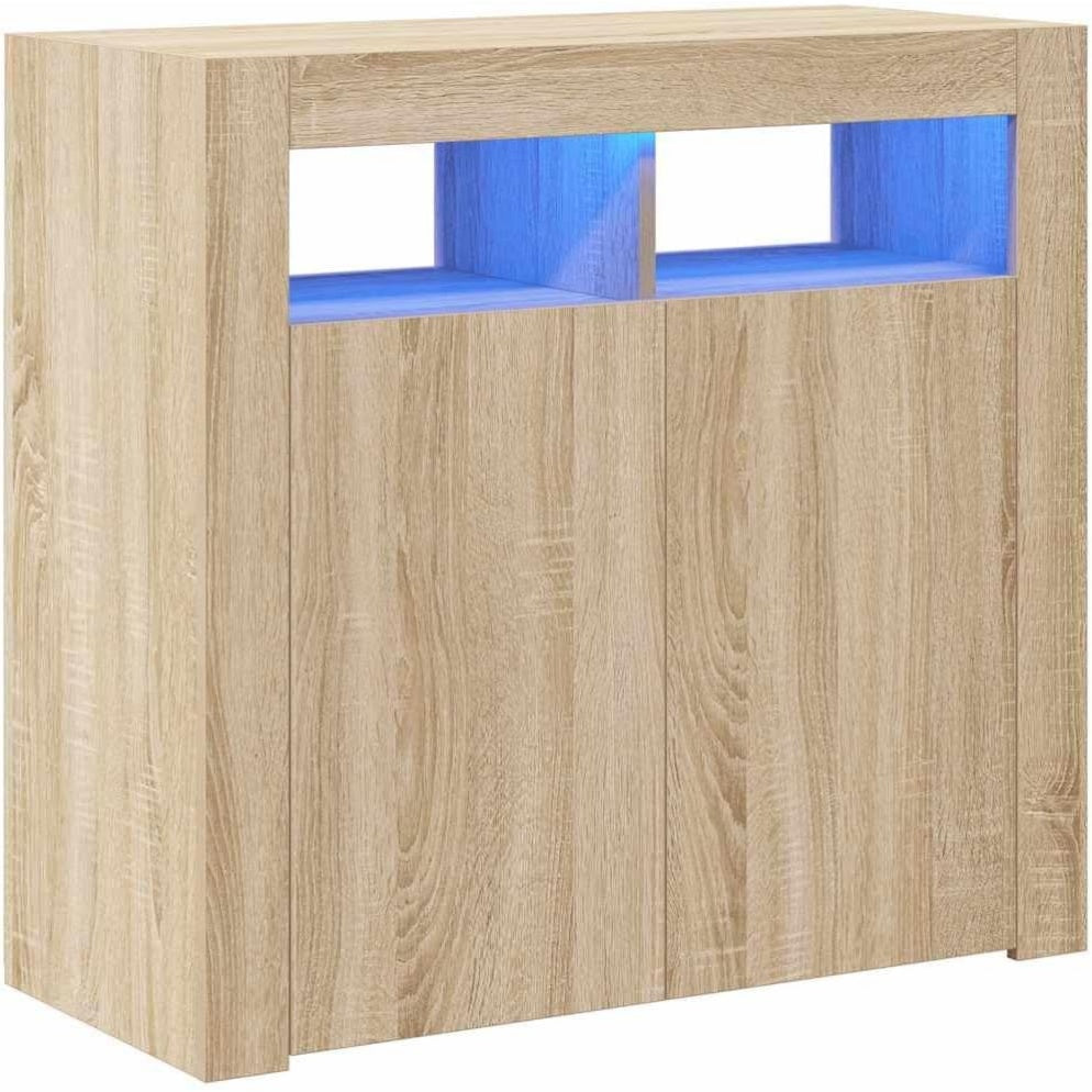 Buffet de rangement finition chene Sonoma avec eclairage LED integre pour salon