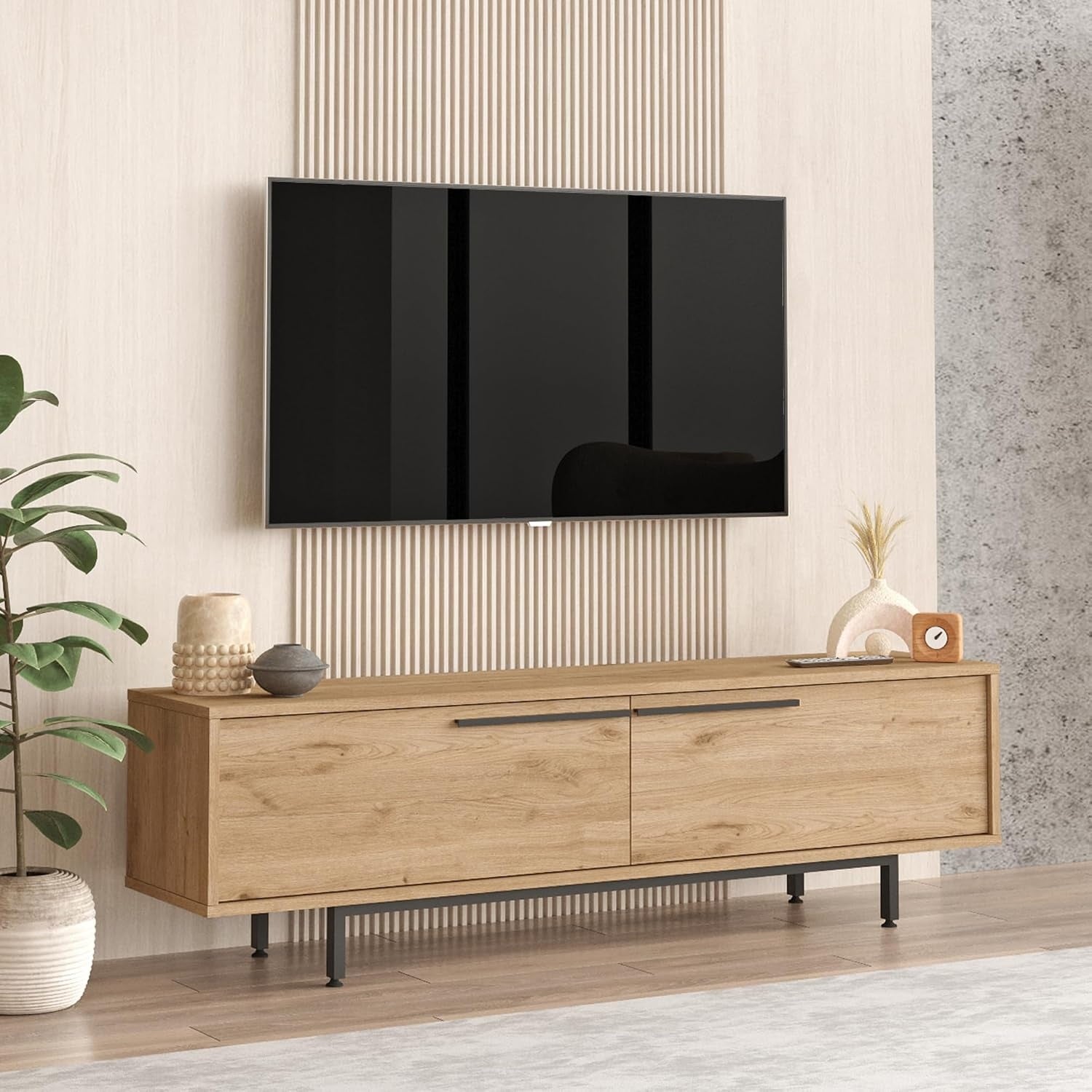 Banc TV effet chene noir avec deux portes et compartiments de rangement