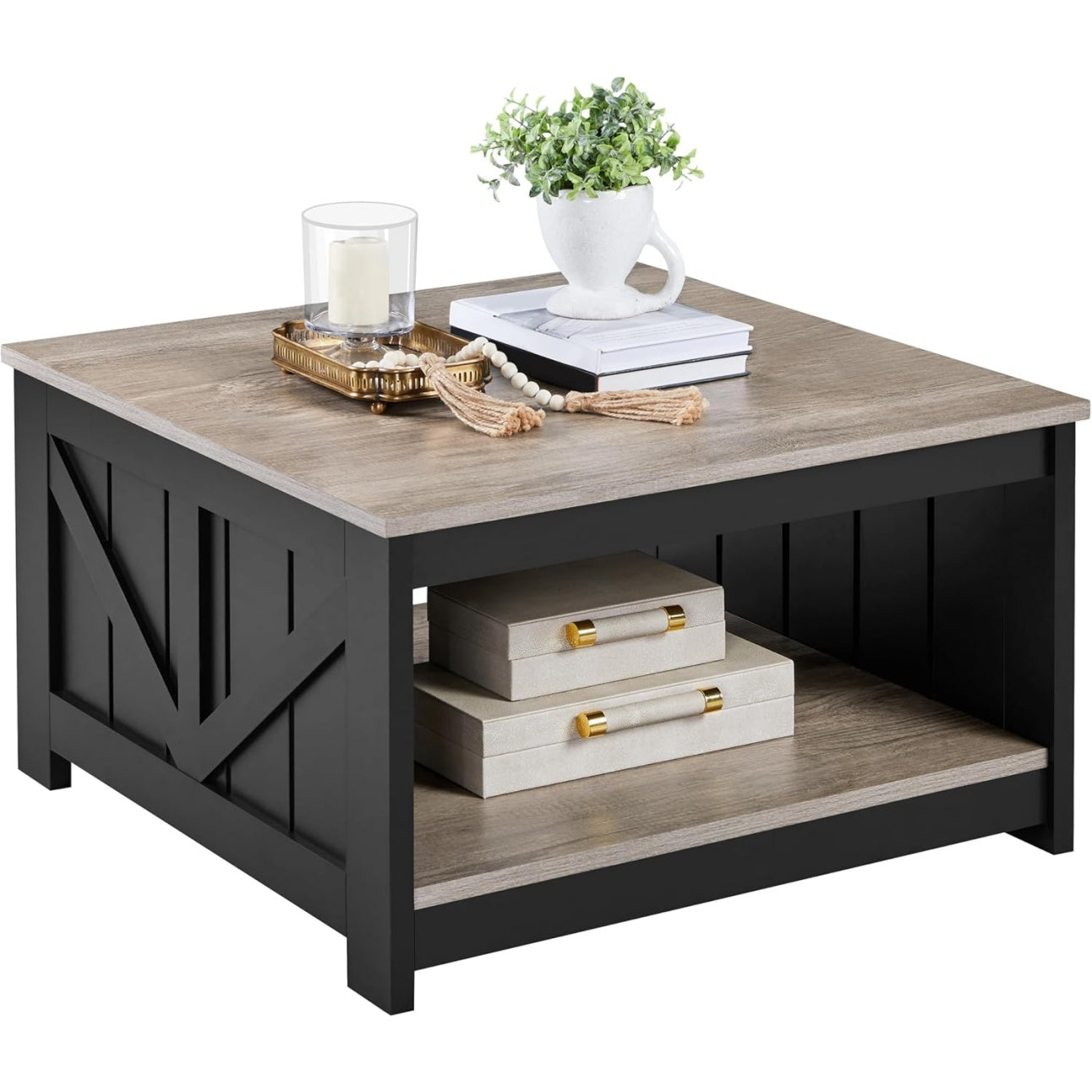 Table basse carree 80 x 80 cm avec grand espace de rangement, meuble de salon moderne en bois, finition grise