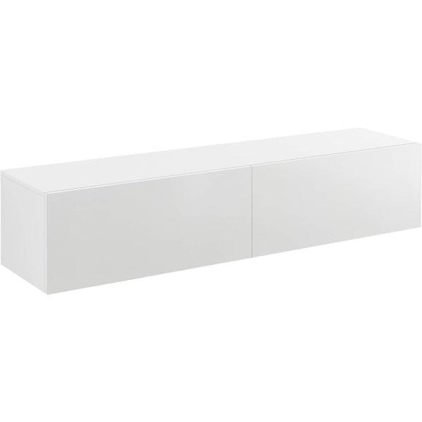 Meuble TV mural blanc brillant avec deux portes abattantes et compartiments de rangement