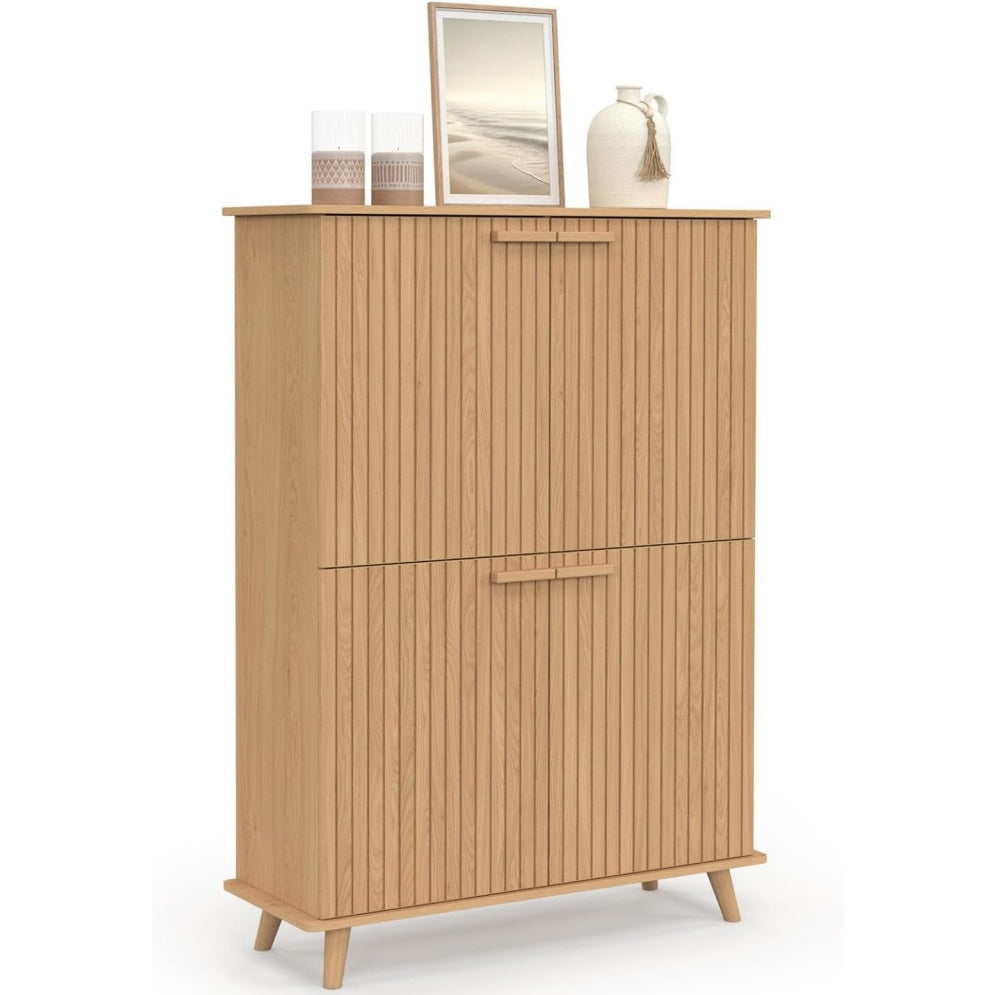 Buffet de rangement avec 4 portes effet tasseaux bois, meuble moderne finition chene pour salon ou salle ¨¤ manger