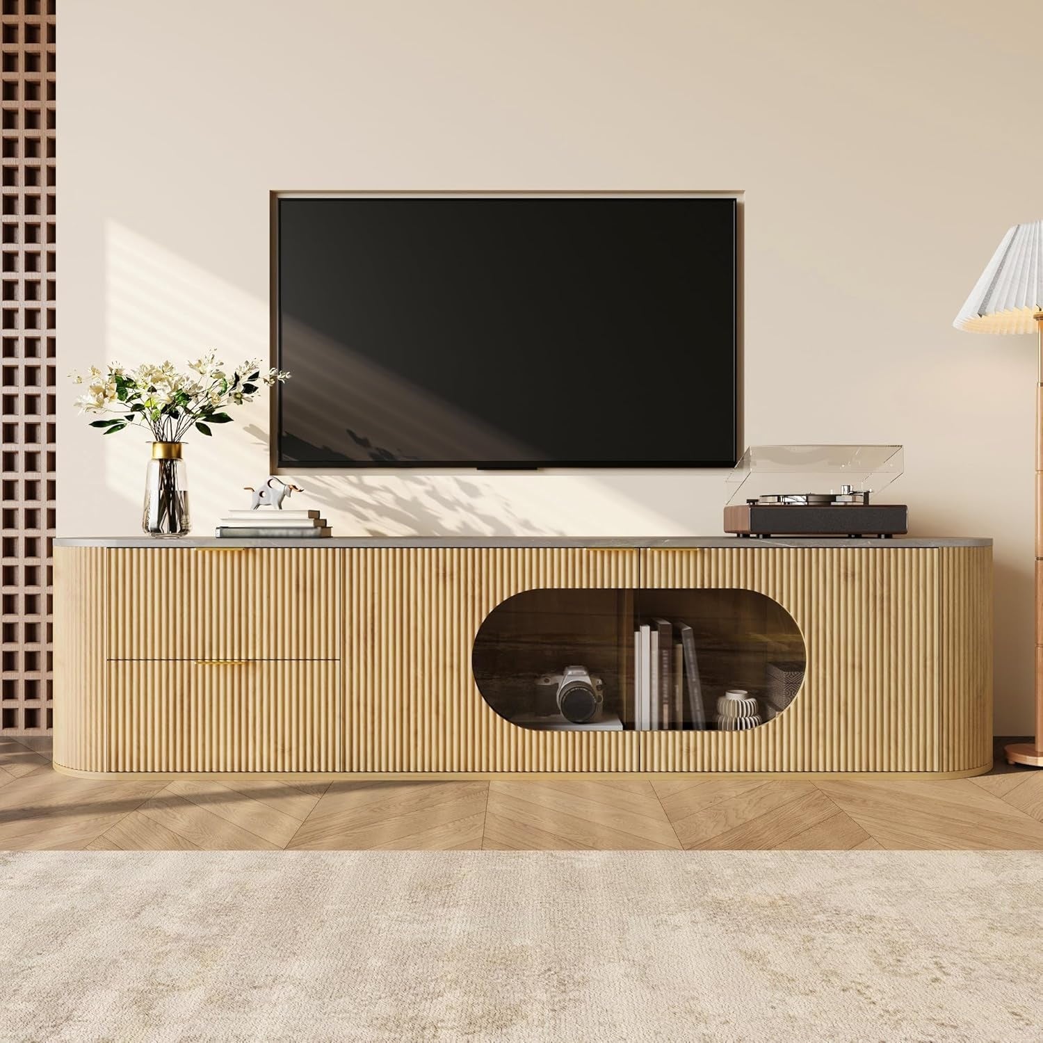 Console TV ovale de 170 cm avec portes vitrees, deux tiroirs et plateau effet marbre