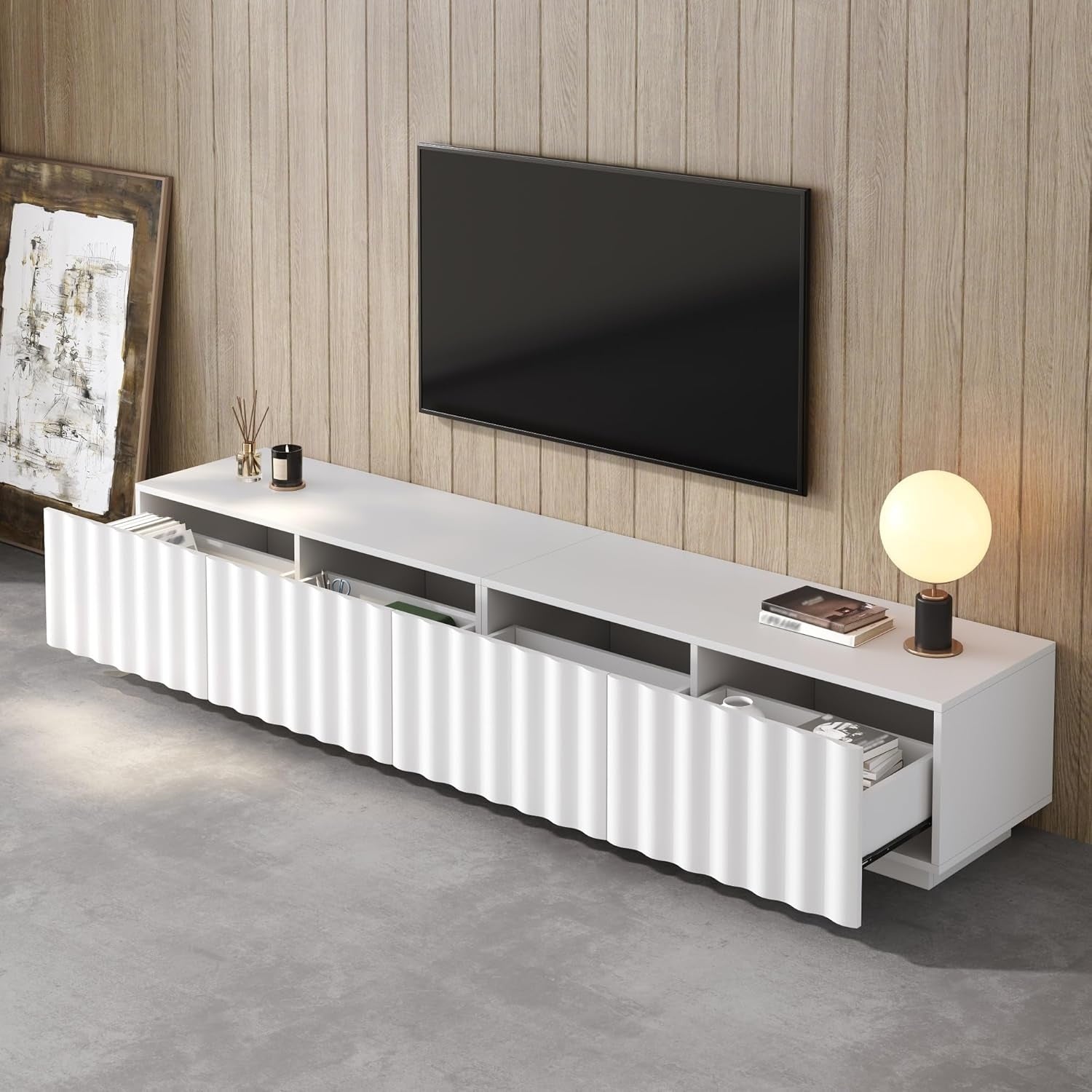 Meuble TV 200 cm avec 4 tiroirs et grands espaces de rangement, support television pour ecran jusqu'¨¤ 75 pouces, meuble de salon moderne