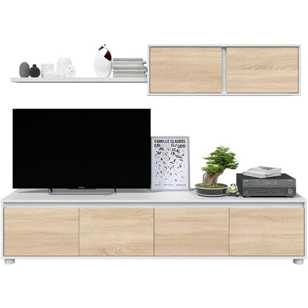 Meuble TV moderne 200 cm, finition blanc et chene canadien, meuble bas pour salon avec espace de rangement