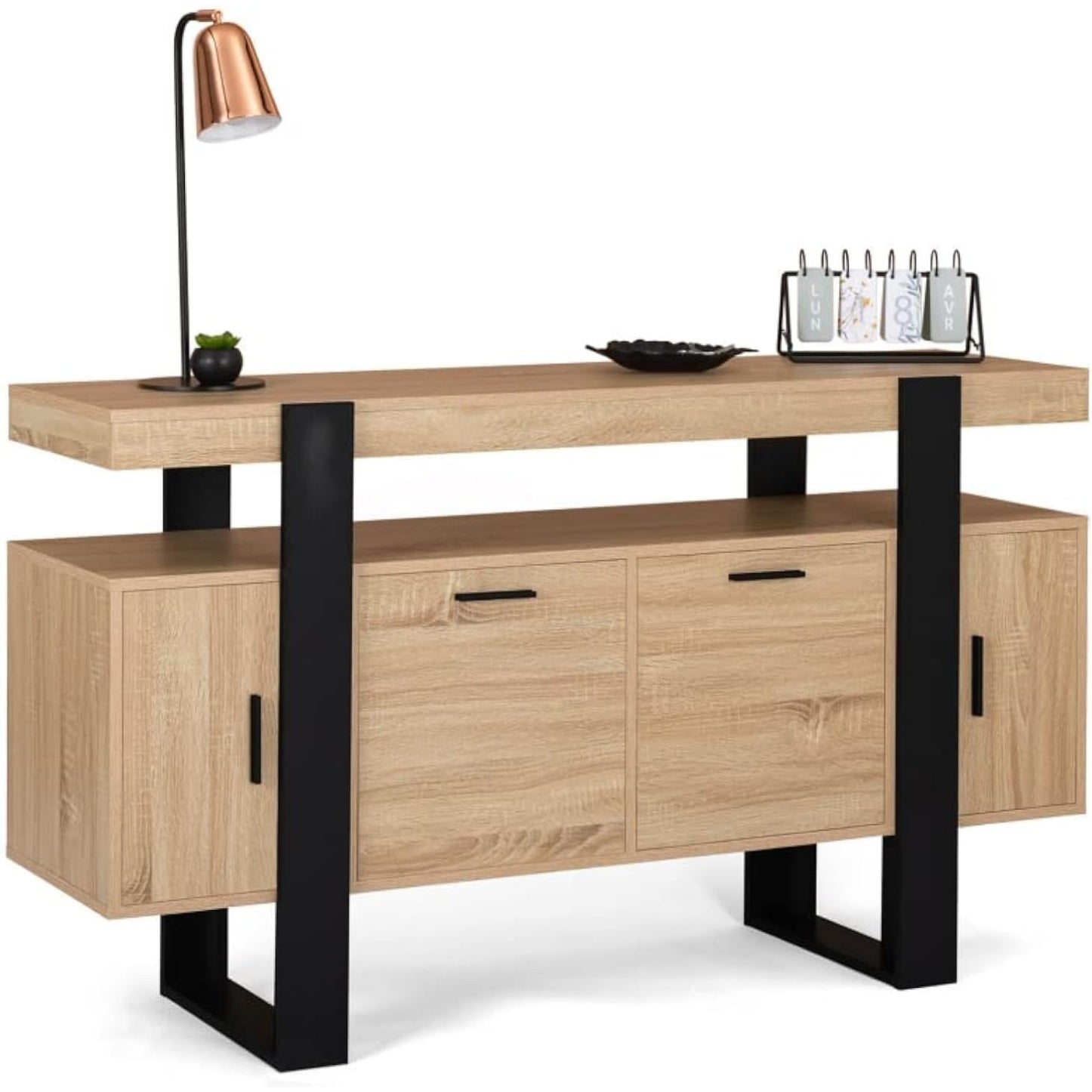 Buffet en bois 140 cm a 4 portes, meuble de rangement noir
