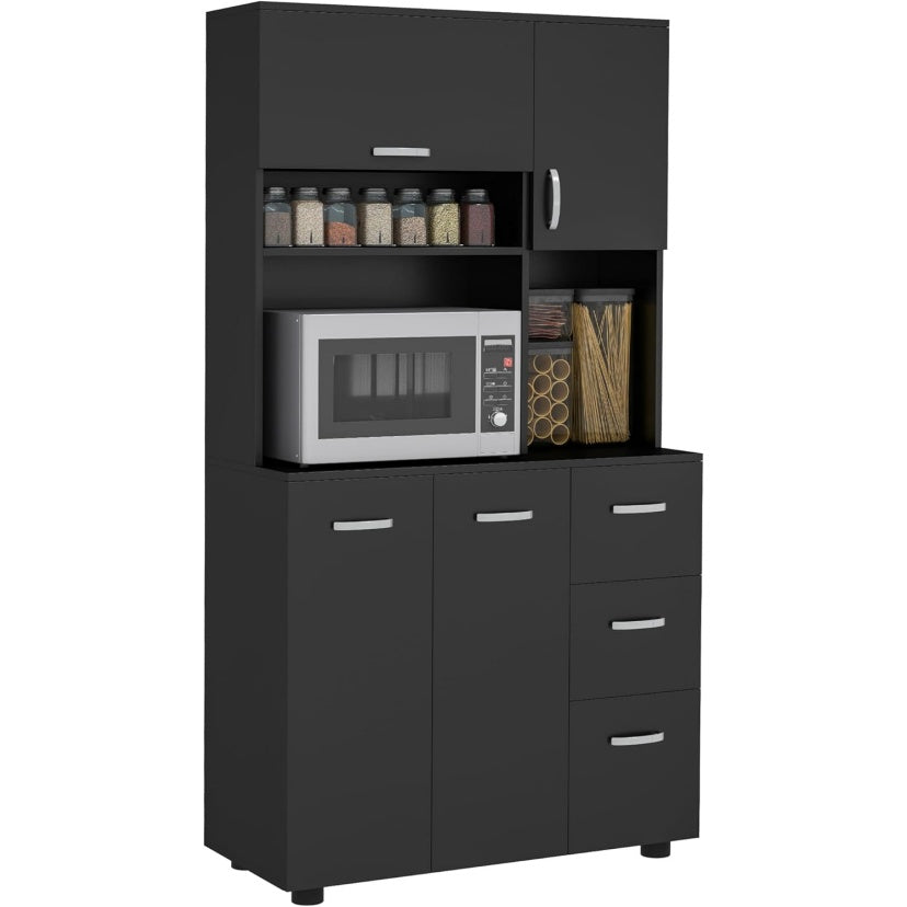 Armoire de cuisine multifonction avec quatre portes, trois tiroirs, grand plan de travail et nombreux rangements