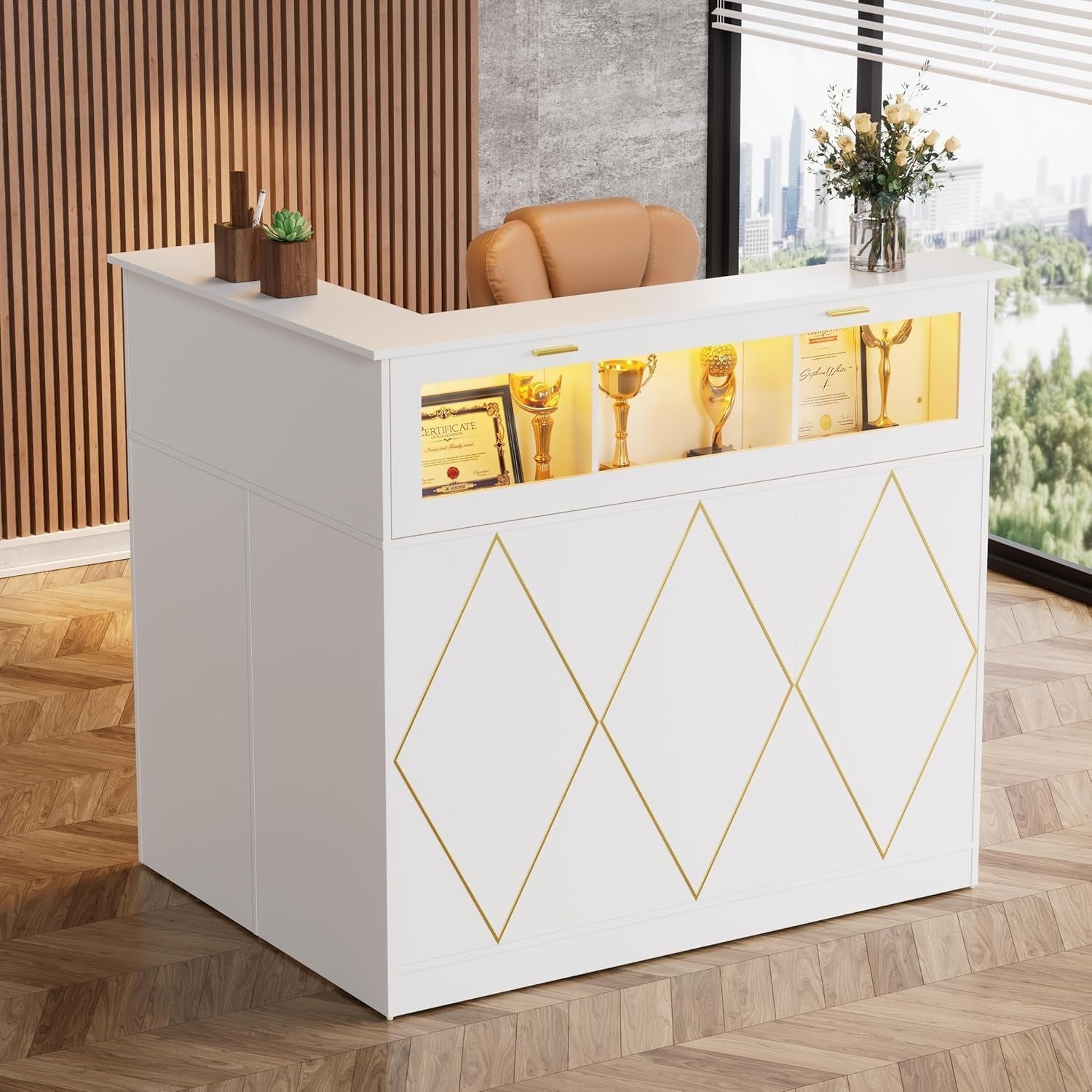 Banque d'accueil professionnelle avec eclairage LED, vitrine, tiroir securise et placard