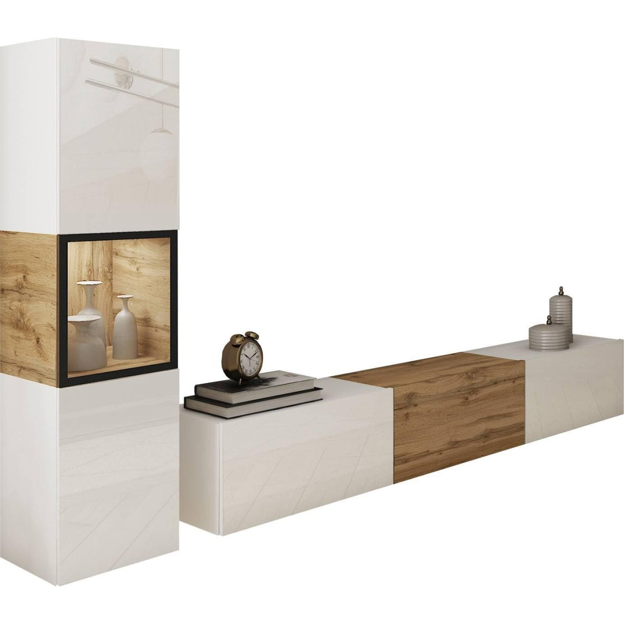 Composition murale pour salon avec meuble TV 180 cm, compatible eclairage LED, finition blanc et bois