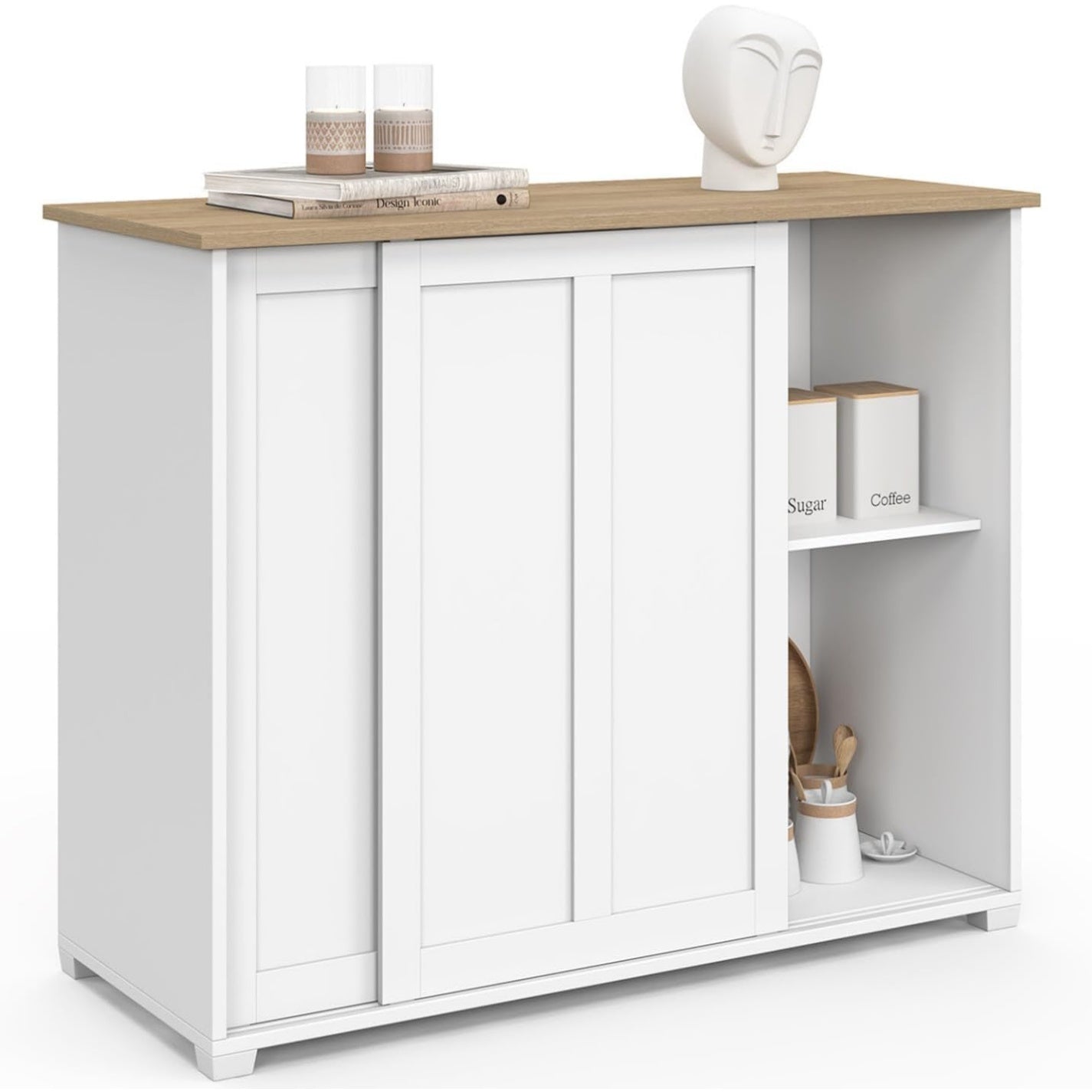 Buffet 100 cm avec 2 portes coulissantes, meuble de rangement blanc avec plateau effet bois