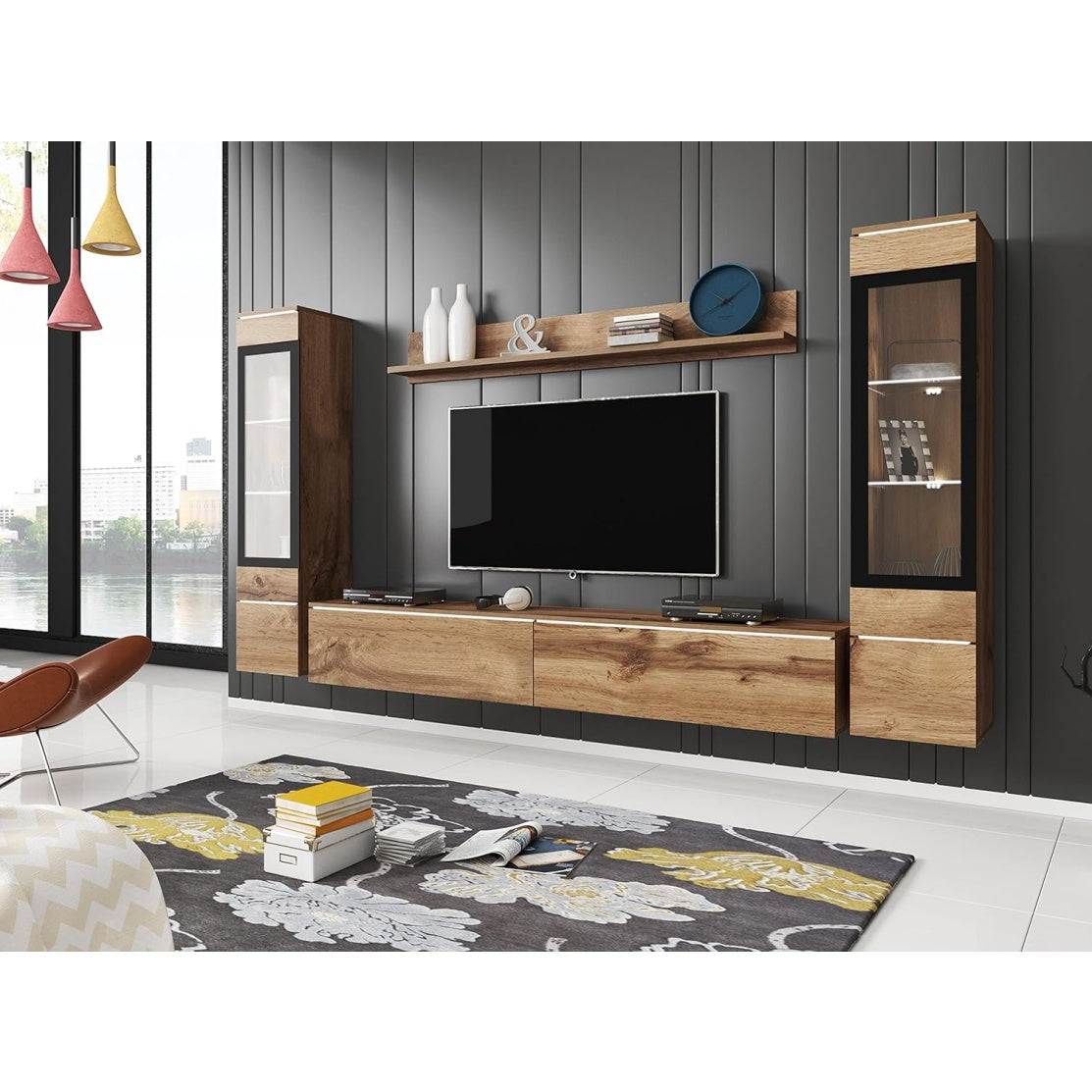 Ensemble de meubles de salon moderne, finition Wotan, compatible avec eclairage LED en option