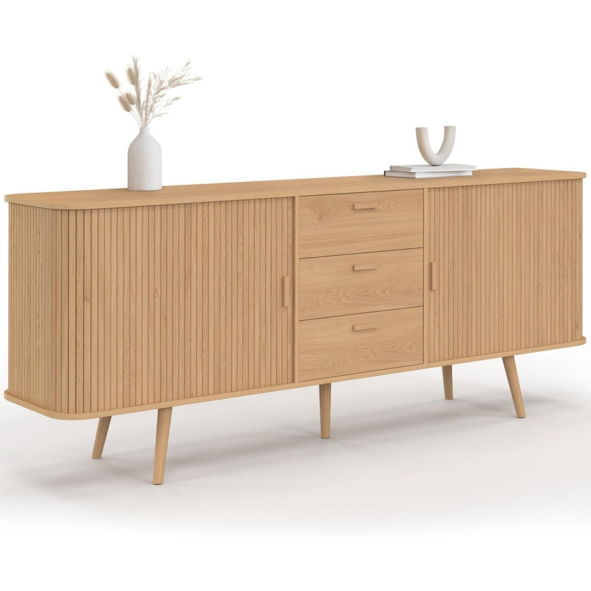 Buffet XXL 200 cm avec deux portes coulissantes, trois tiroirs et facade effet lattes