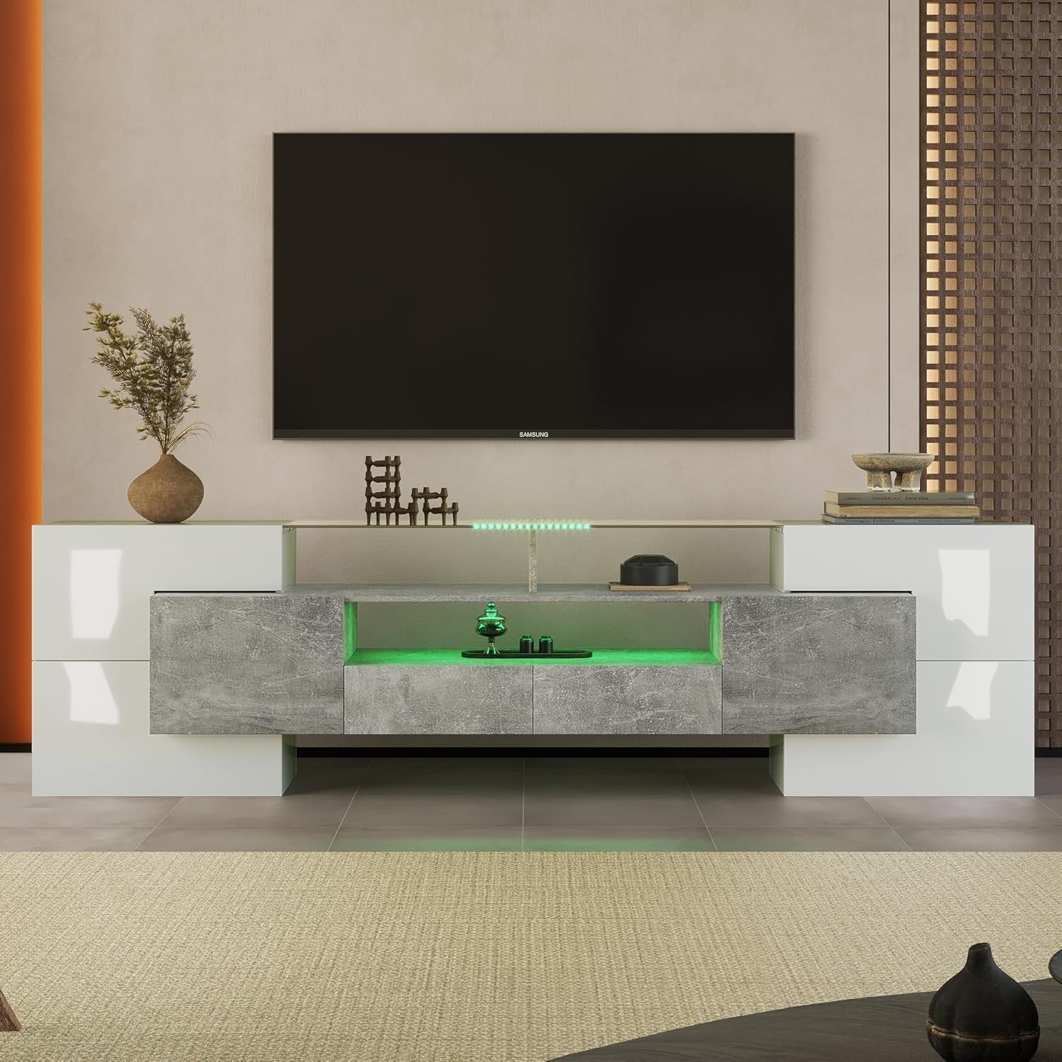 Meuble TV moderne 200 cm avec eclairage LED, deux tiroirs et trois compartiments, finition noir et blanc brillant