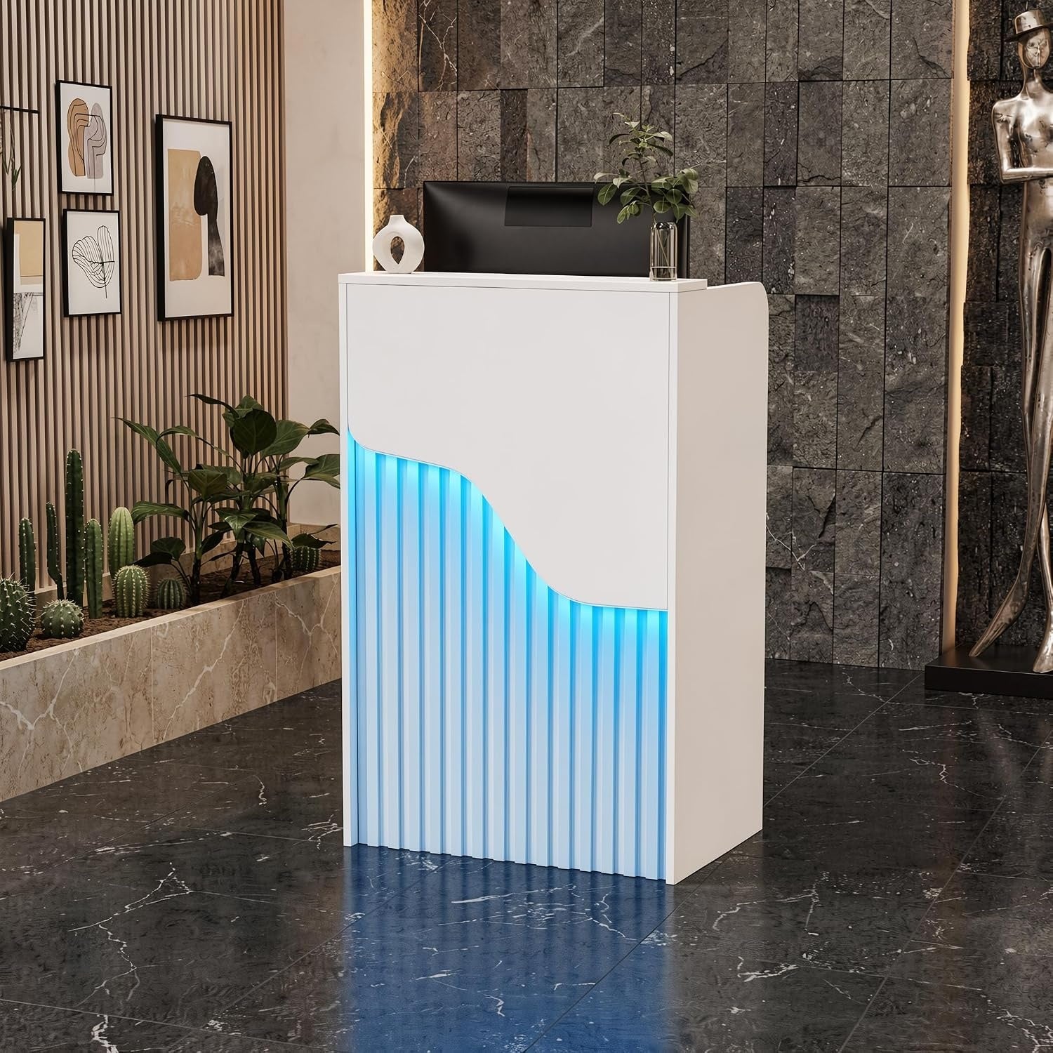 Banque d'accueil compacte avec LED, tiroirs securises et espace de reception pour commerce
