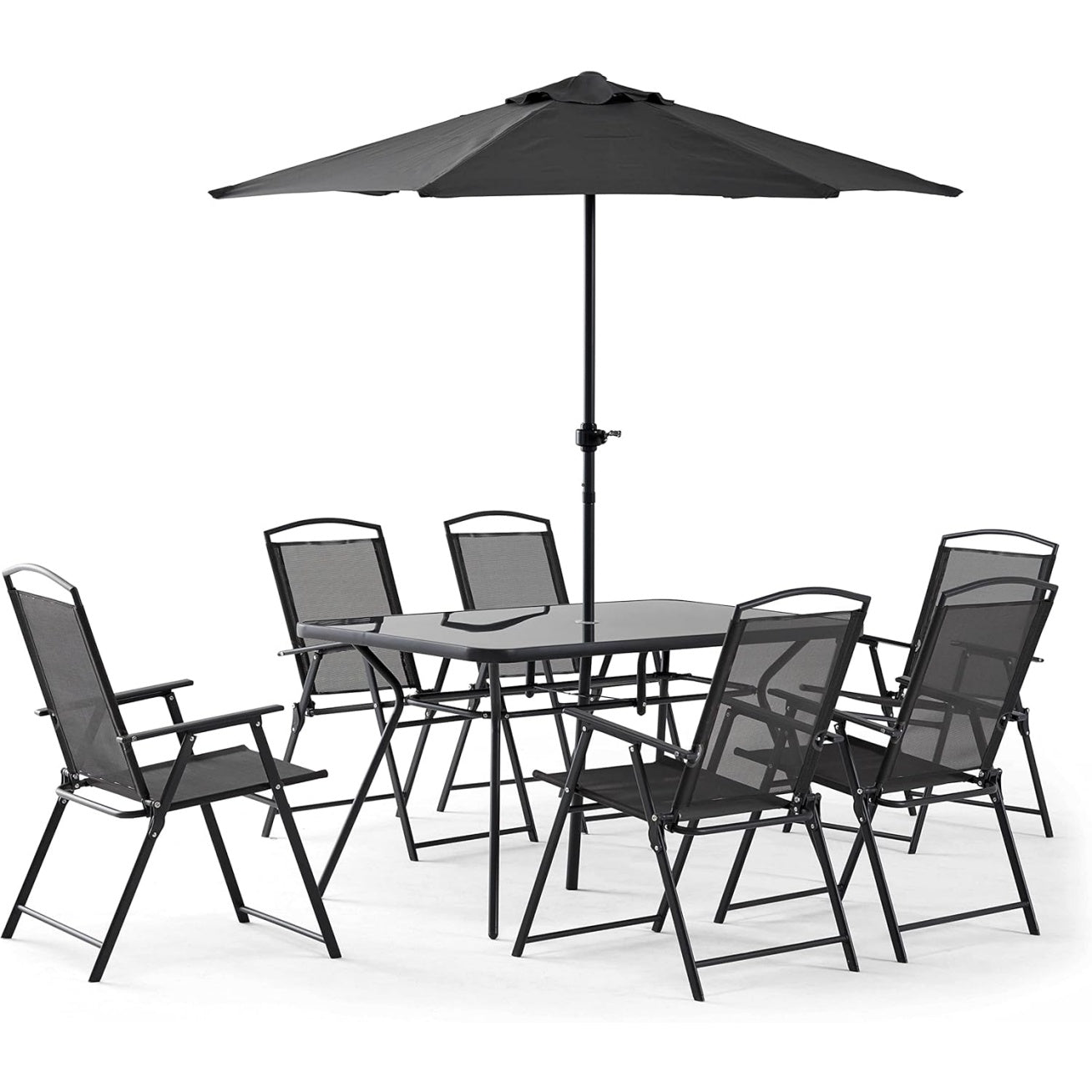 Ensemble de jardin avec table, six chaises pliantes et parasol central