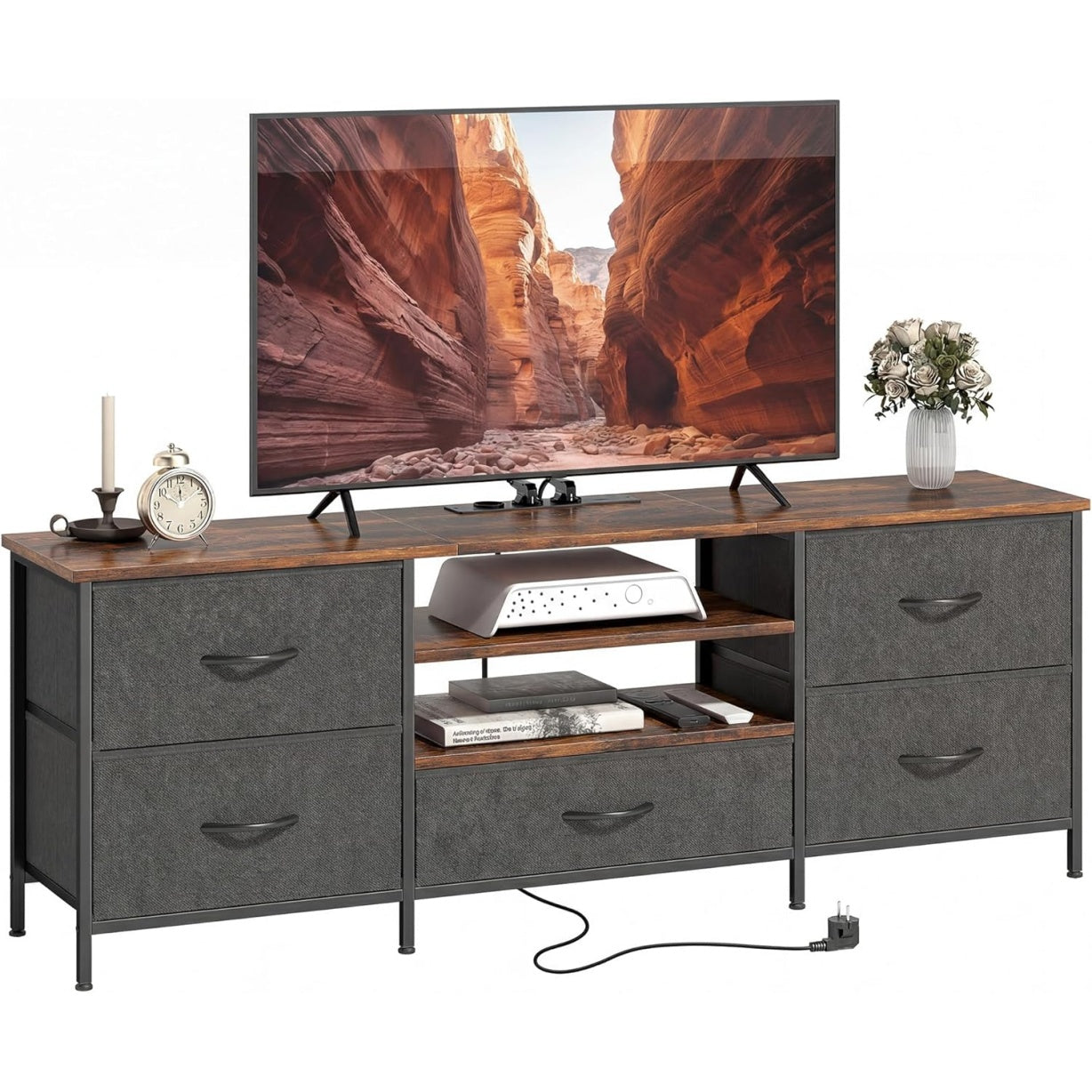 Meuble TV avec station de charge, 5 tiroirs en tissu et etag¨¨res ouvertes, support television jusqu'¨¤ 65 pouces, marron rustique