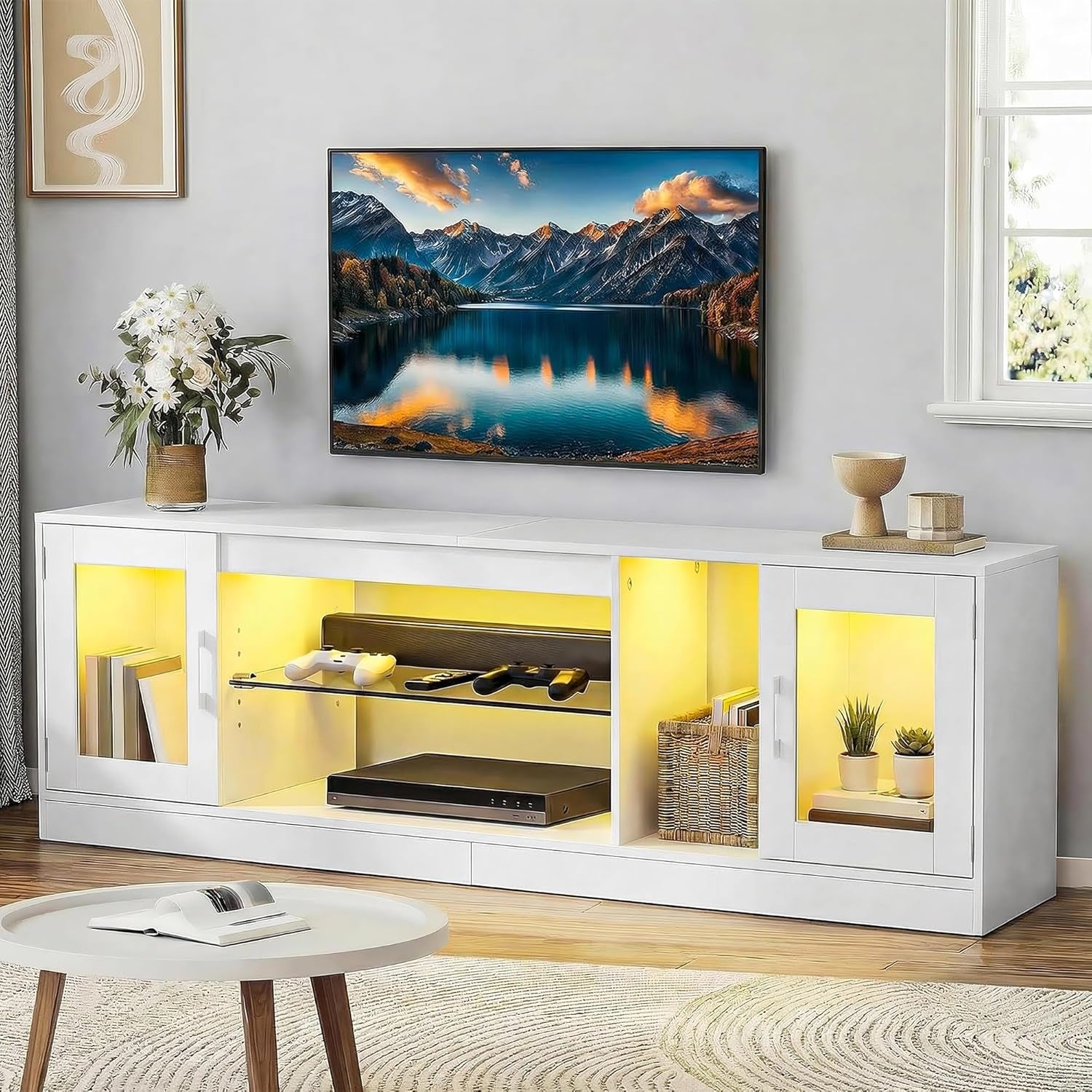 Meuble TV 180 cm avec eclairage LED RGB, 2 placards, 3 niches ouvertes et etag¨¨re en verre reglable, centre multimedia moderne