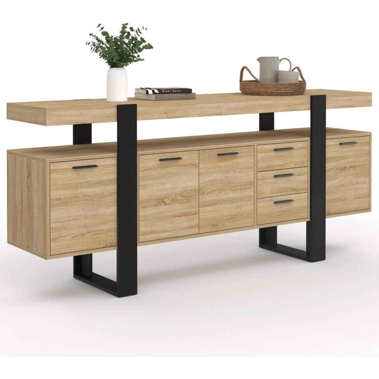 Buffet en bois 180 cm avec 4 portes et 3 tiroirs, meuble de rangement finition noire