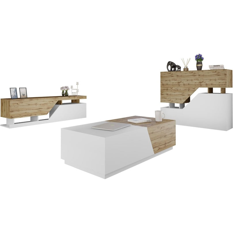 Mobilier de salon compose dune commode, dune table basse et dun meuble TV, decor blanc et bois