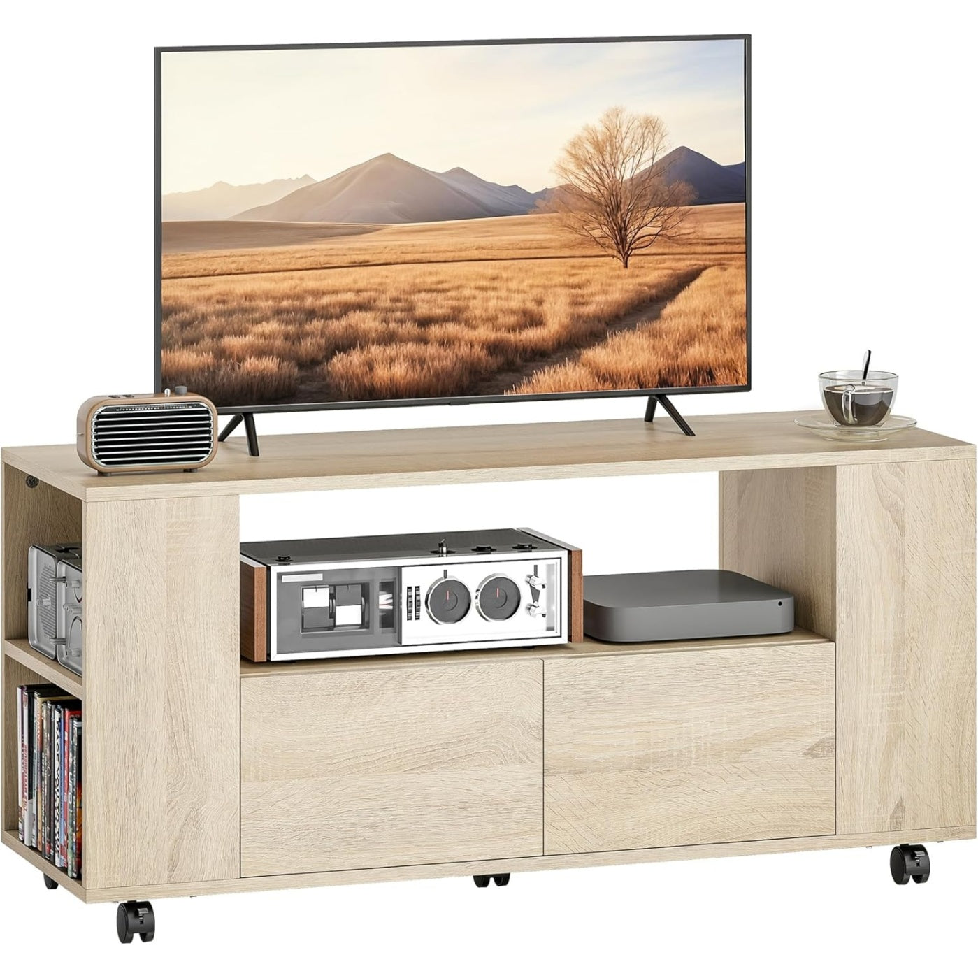Meuble TV sur roulettes avec deux tiroirs, niches ouvertes et etag¨¨res ajustables pour televiseur jusqu'¨¤ 42 pouces