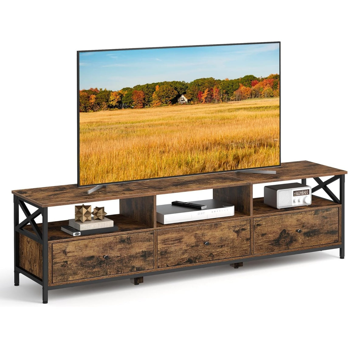 Meuble TV pour televiseur jusqua 80 pouces avec 3 tiroirs en tissu, 3 etageres et cadre en acier, marron rustique et noir