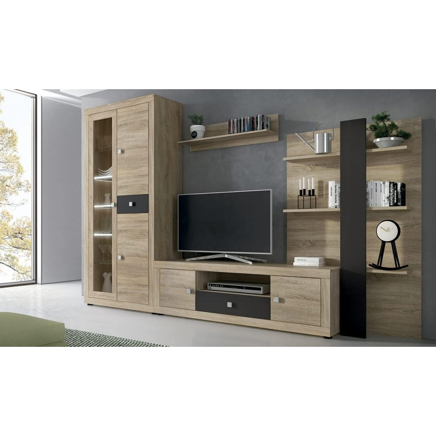 Ensemble de salon avec meuble TV, etagere murale, armoire eclairee par LED et bibliotheque, decor chene Cambrian et chocolat