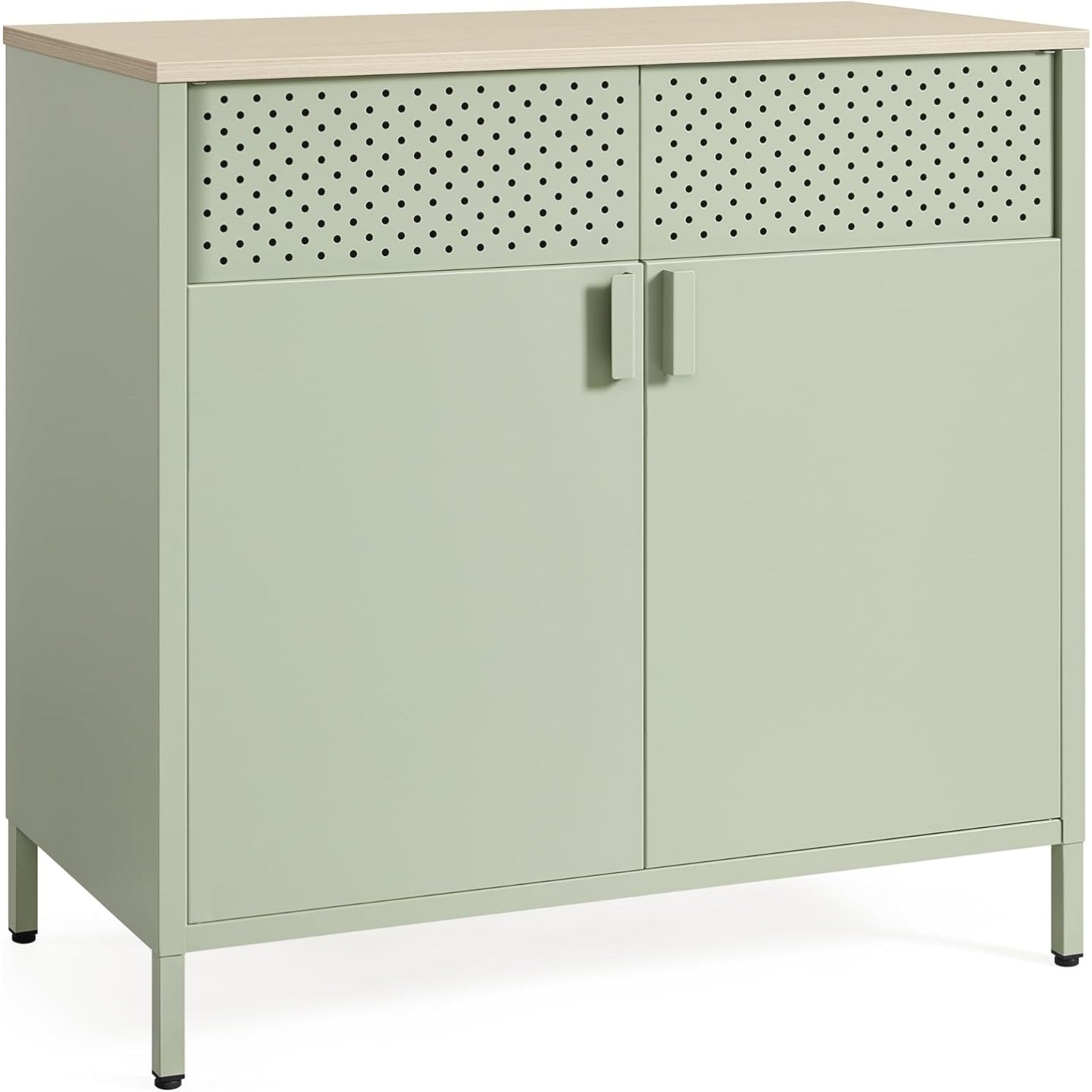 Buffet metallique avec 2 portes, fermeture magnetique et structure en acier, meuble de rangement vert laurier et bois naturel