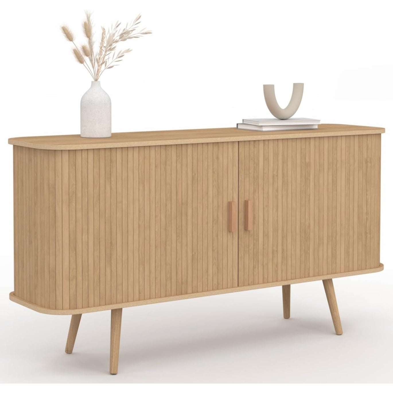 Buffet 140 cm avec 2 portes coulissantes et facade effet tasseaux, finition chene